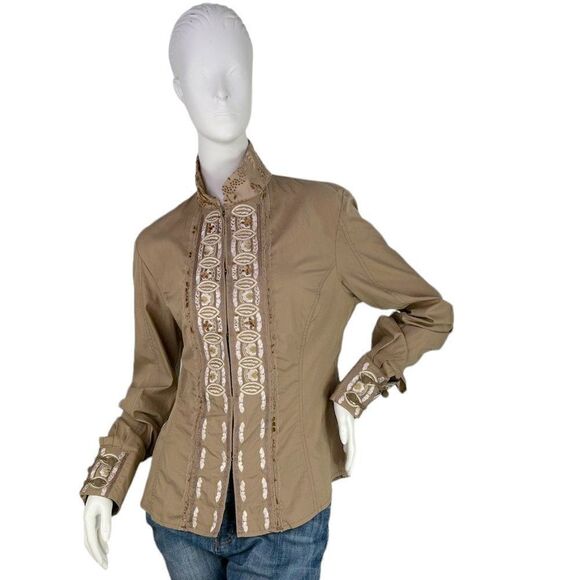 Roberto Cavalli Place Tan Floral Beaned Embroidered Shirt w/ Mandarin Collar 12 - Picture 2 of 16
